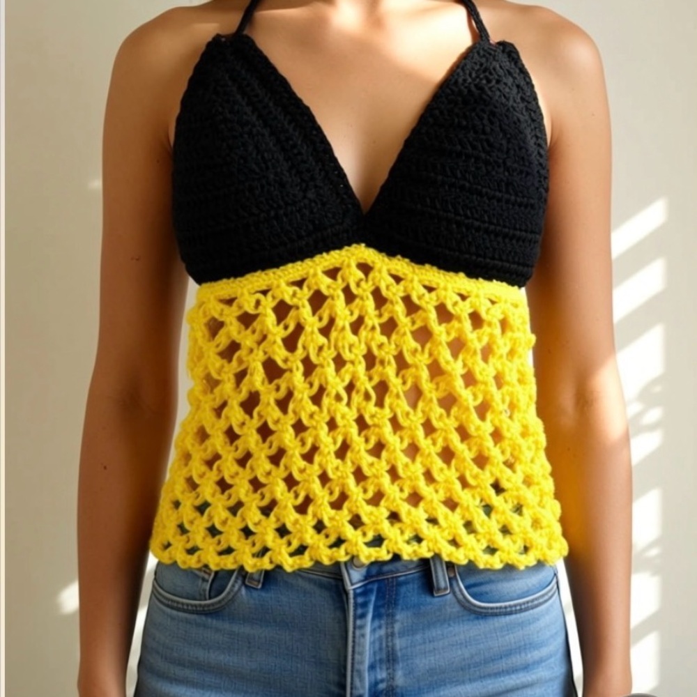 Black and Yellow Crochet Crop Top
